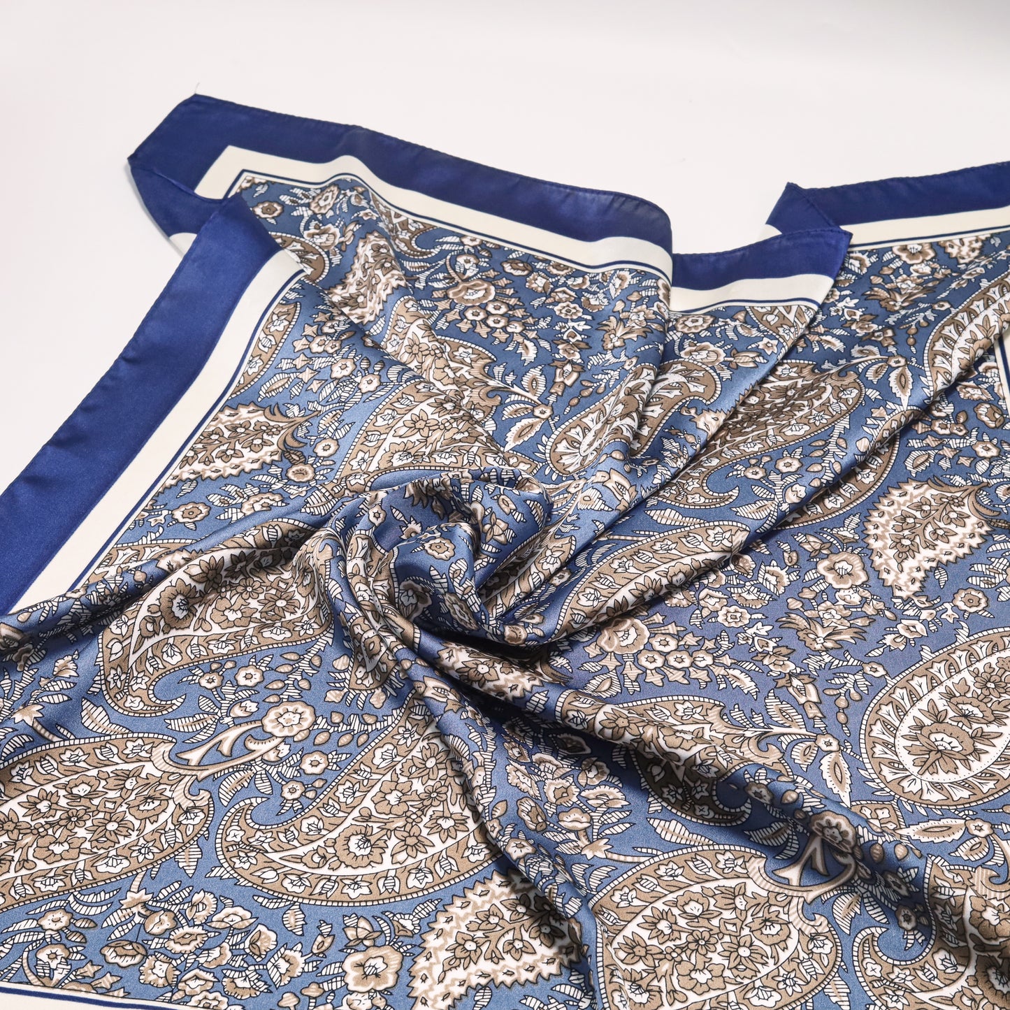 Scarf satin blue paisley print square 70 x 70 cm