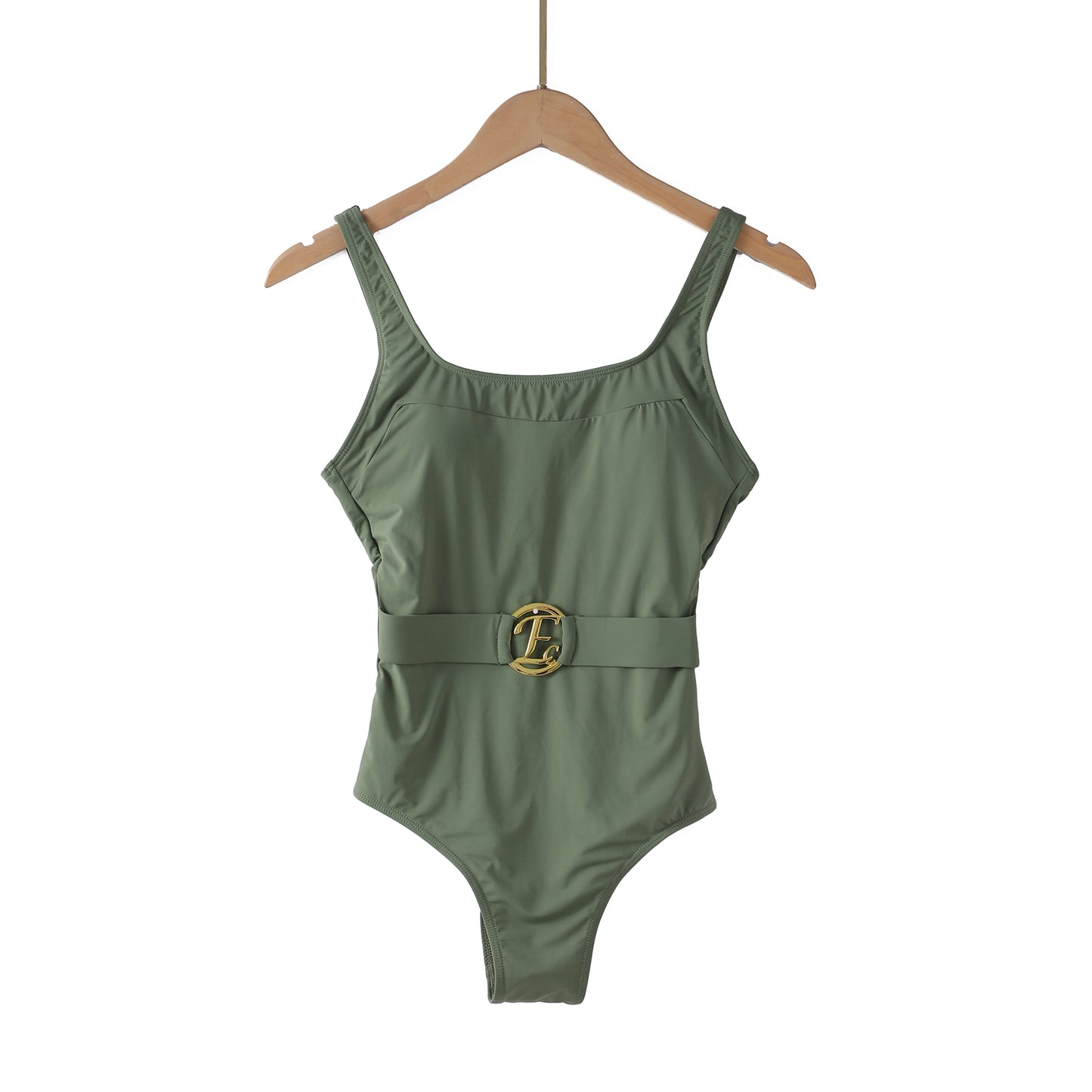 Olive green swimsuit with belt