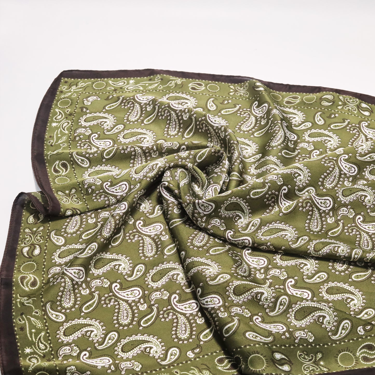 Scarf satin olive green print square 70 x 70 cm