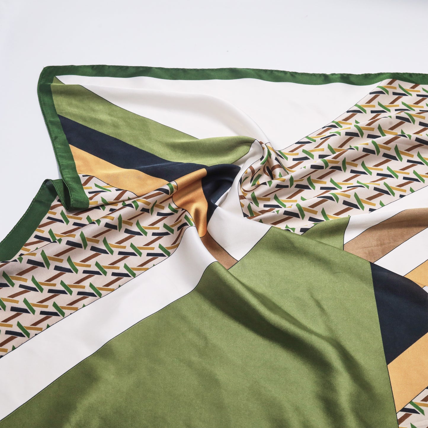 Scarf satin olive green print square 70 x 70 cm