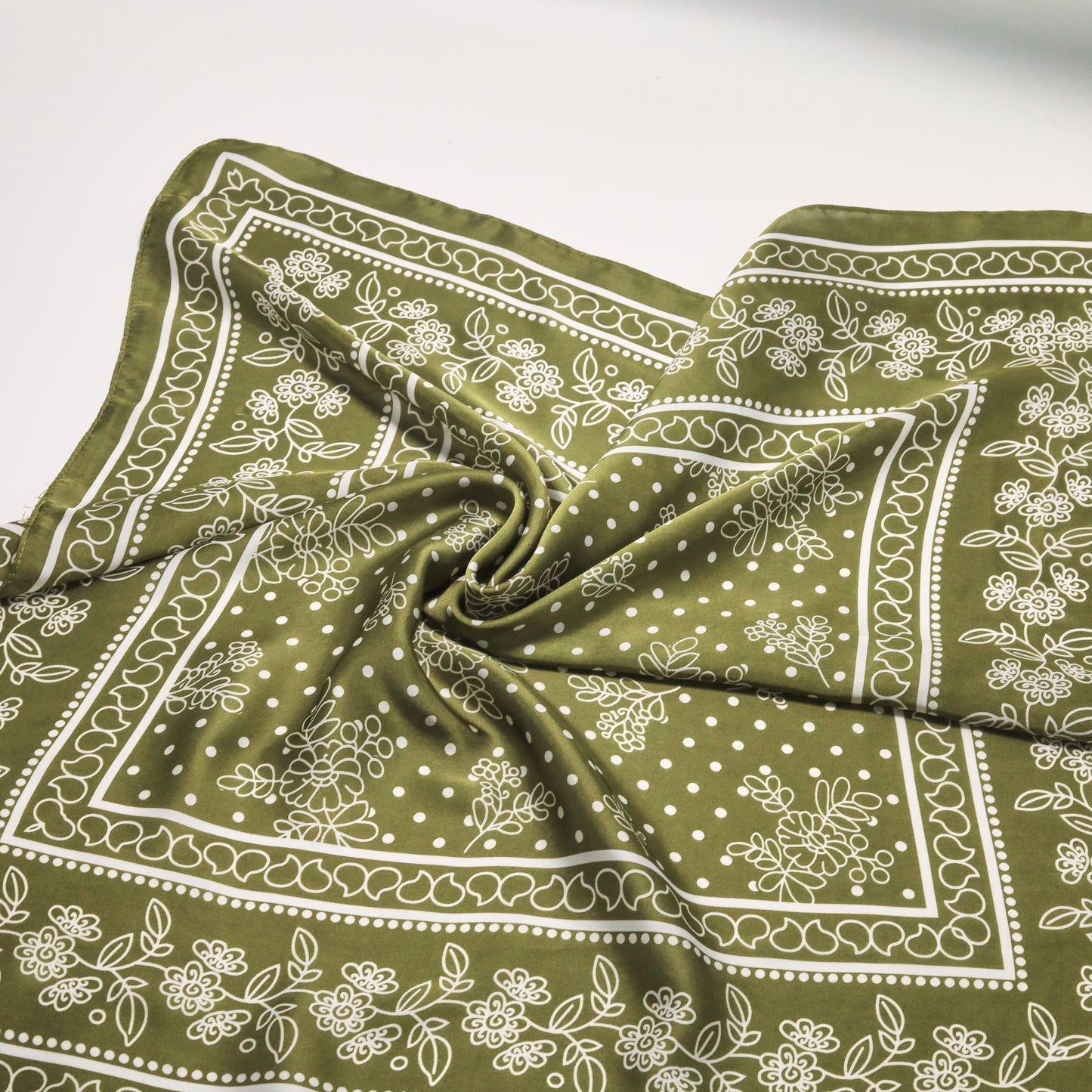 Scarf satin olive green print square 70 x 70 cm