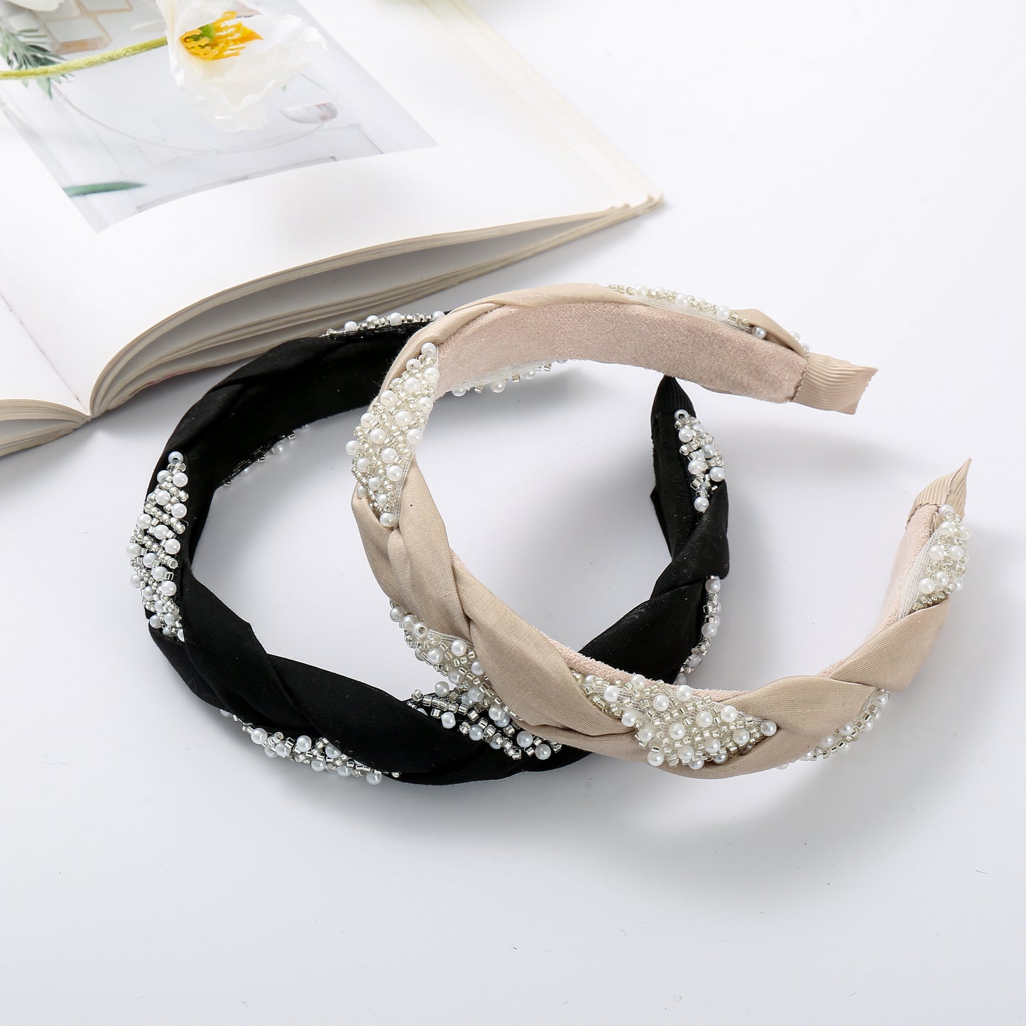 Headband pearls & stones black