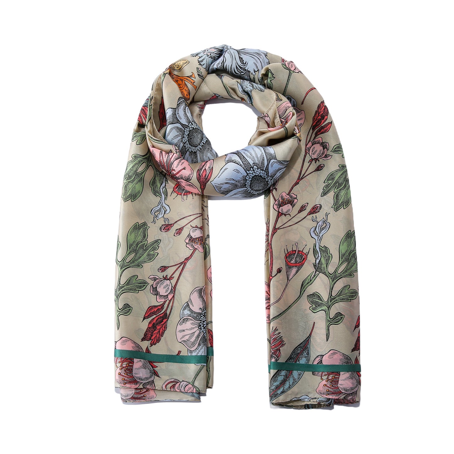 Sjaal bloemenprint satijn beige