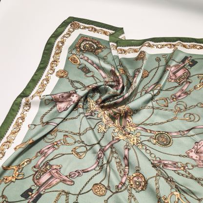 Scarf  satin olive green  print square 70 x 70 cm