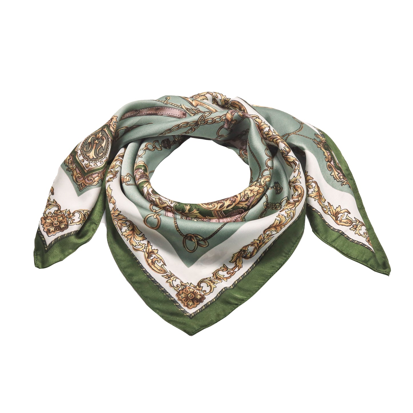 Scarf  satin olive green  print square 70 x 70 cm