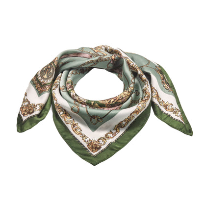 Scarf  satin olive green  print square 70 x 70 cm