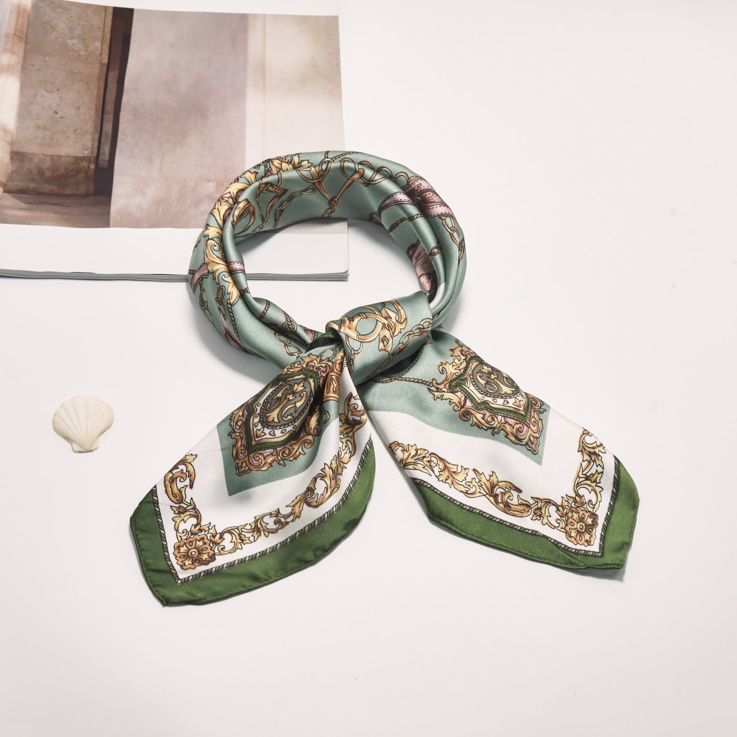 Scarf  satin olive green  print square 70 x 70 cm