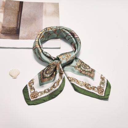 Scarf  satin olive green  print square 70 x 70 cm
