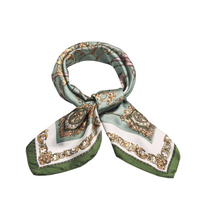Scarf  satin olive green  print square 70 x 70 cm