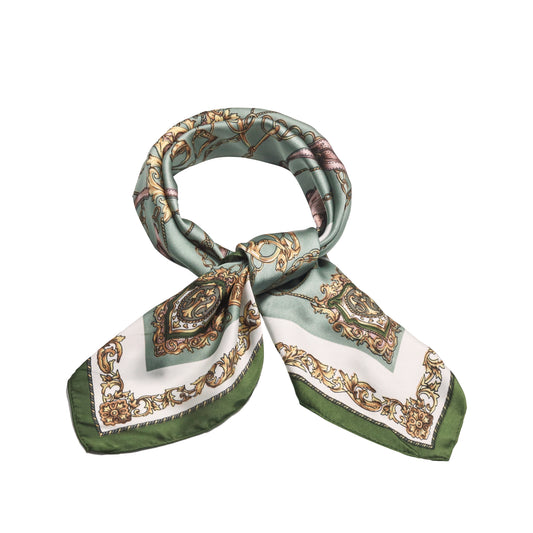 Scarf  satin olive green  print square 70 x 70 cm