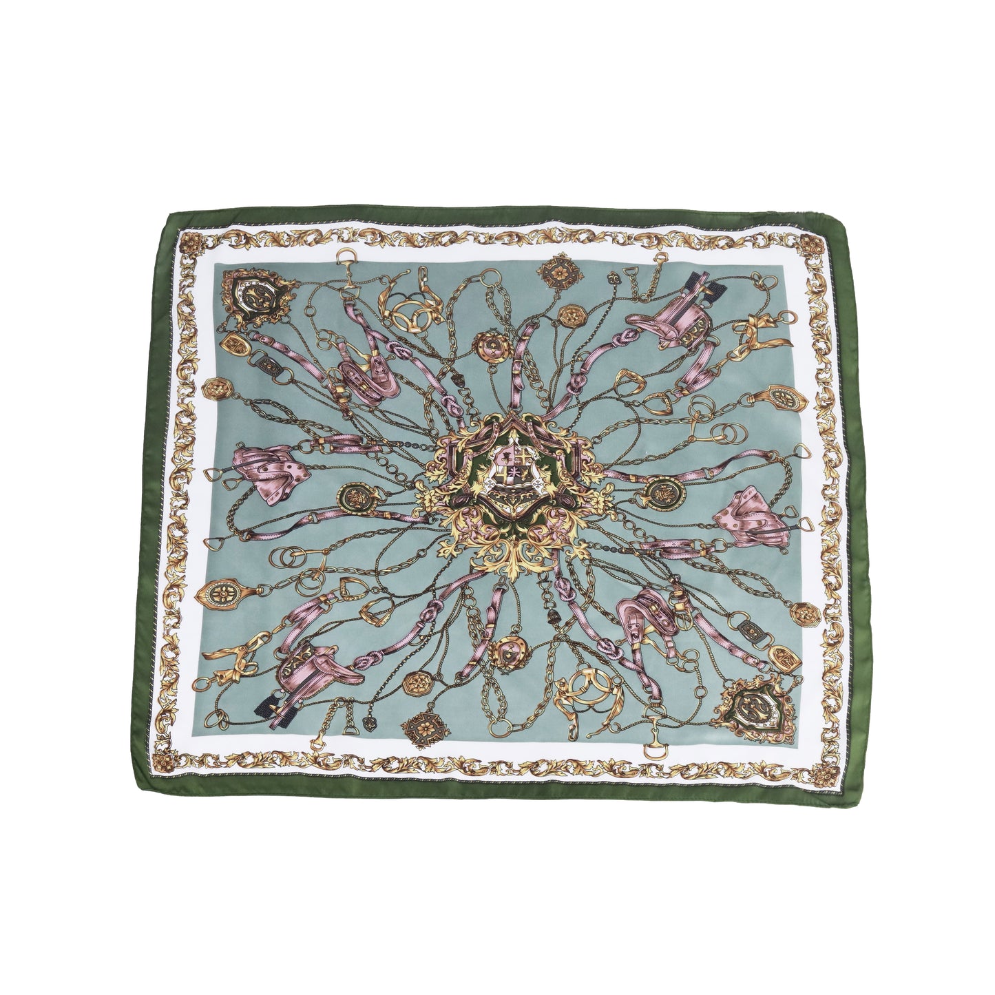 Scarf  satin olive green  print square 70 x 70 cm