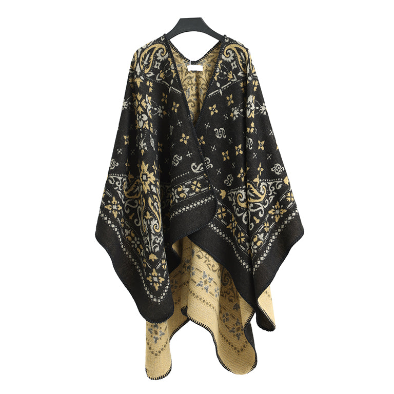 Winter Poncho black flower print