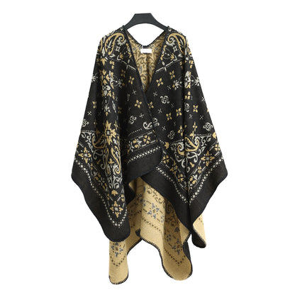 Winter Poncho black flower print