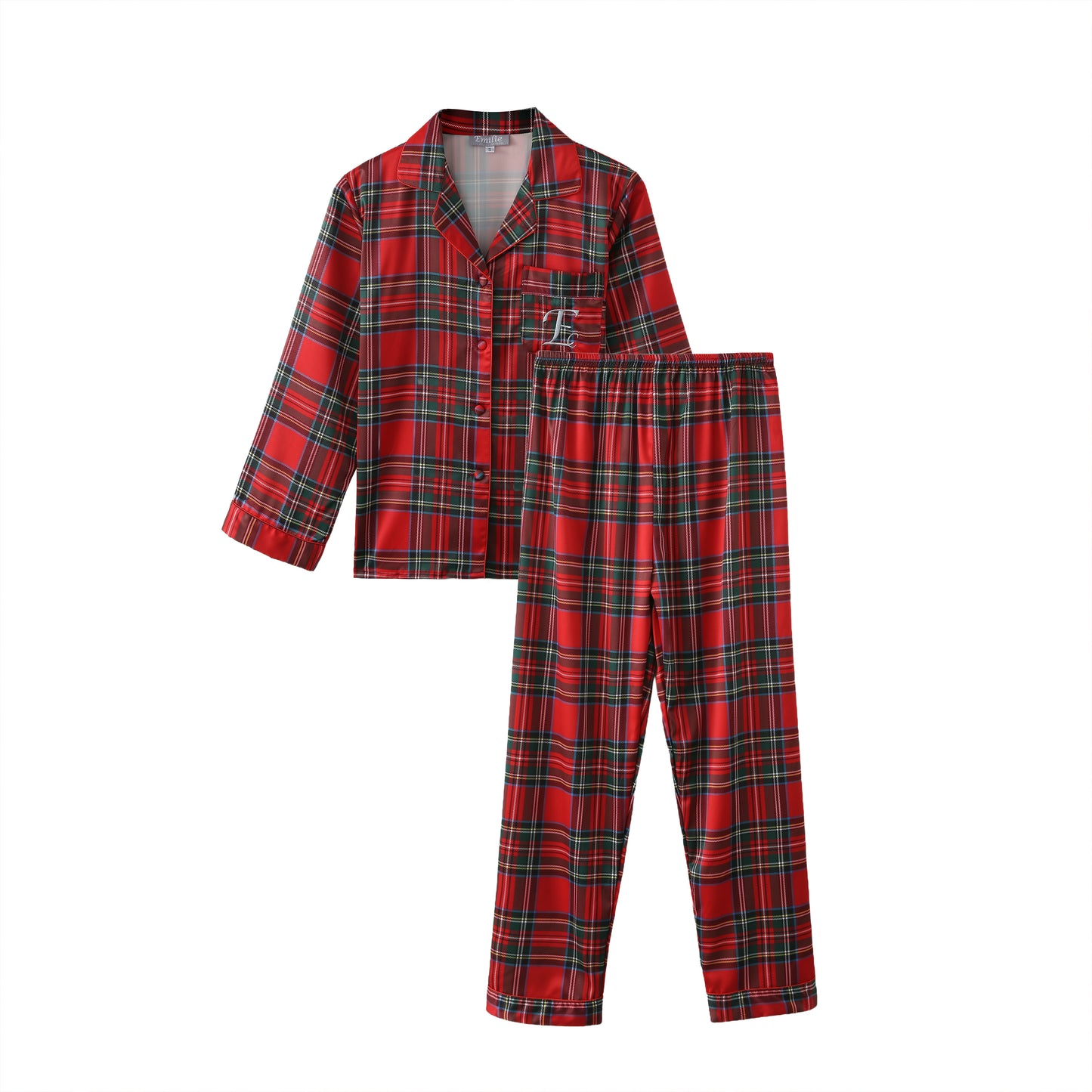 Long pyjama set checked red satin