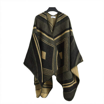 Winter Poncho green stripes