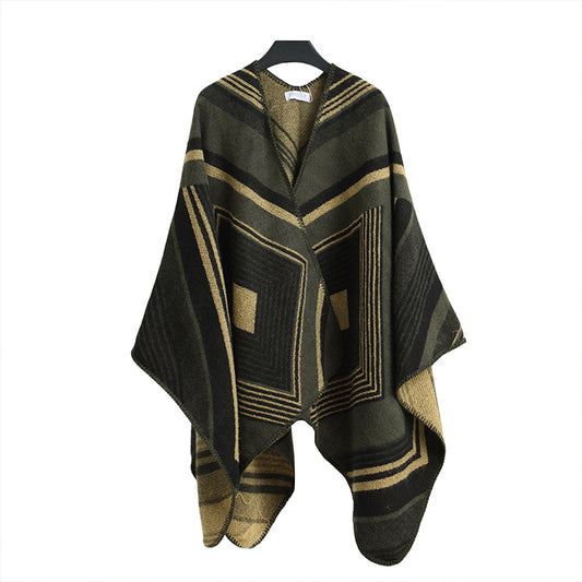 Winter Poncho green stripes