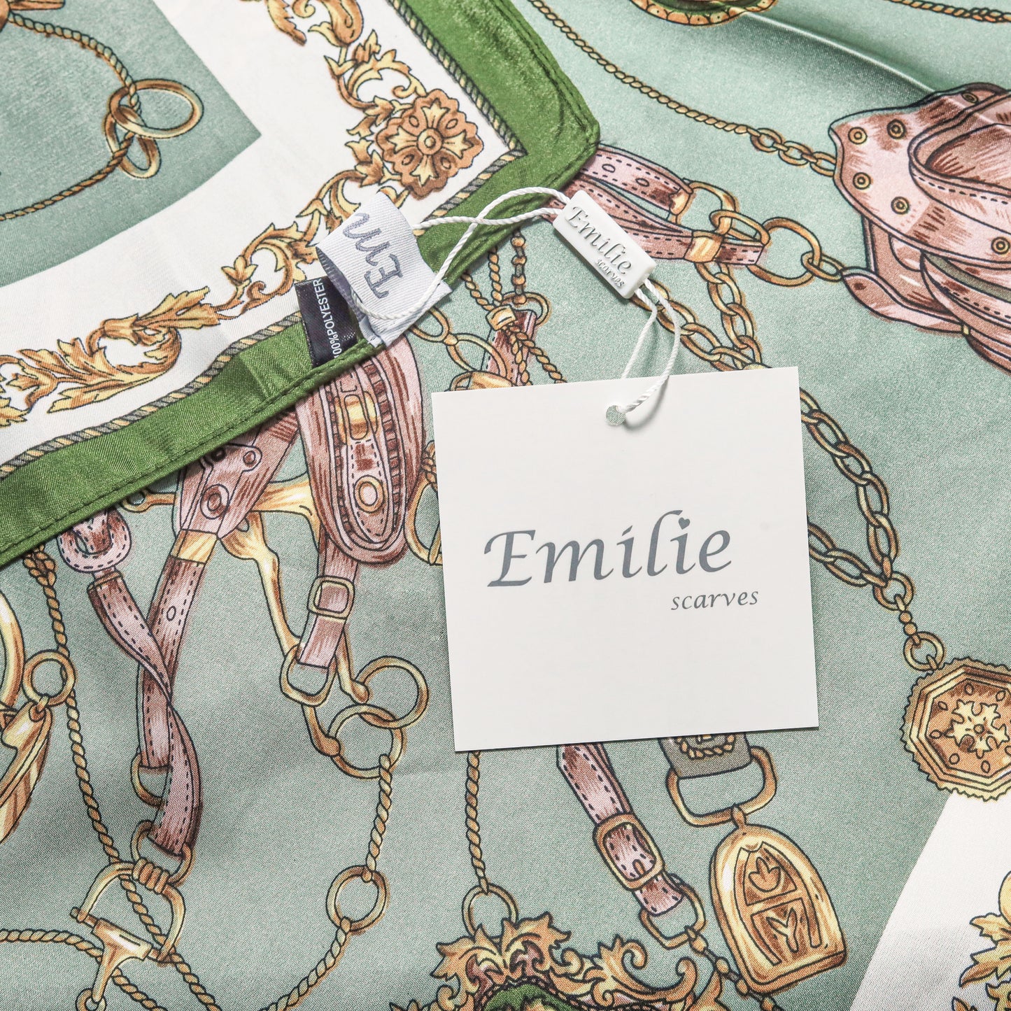 Scarf  satin olive green  print square 70 x 70 cm