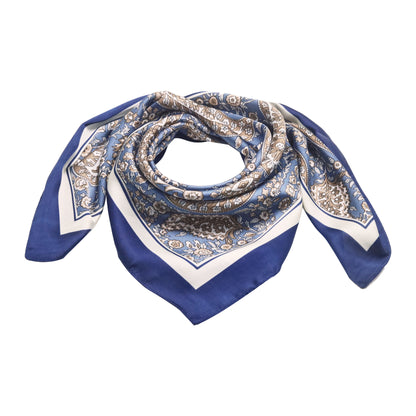 Scarf satin blue paisley print square 70 x 70 cm