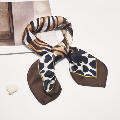 Scarf satin  brown  animal print  square 70 x 70 cm
