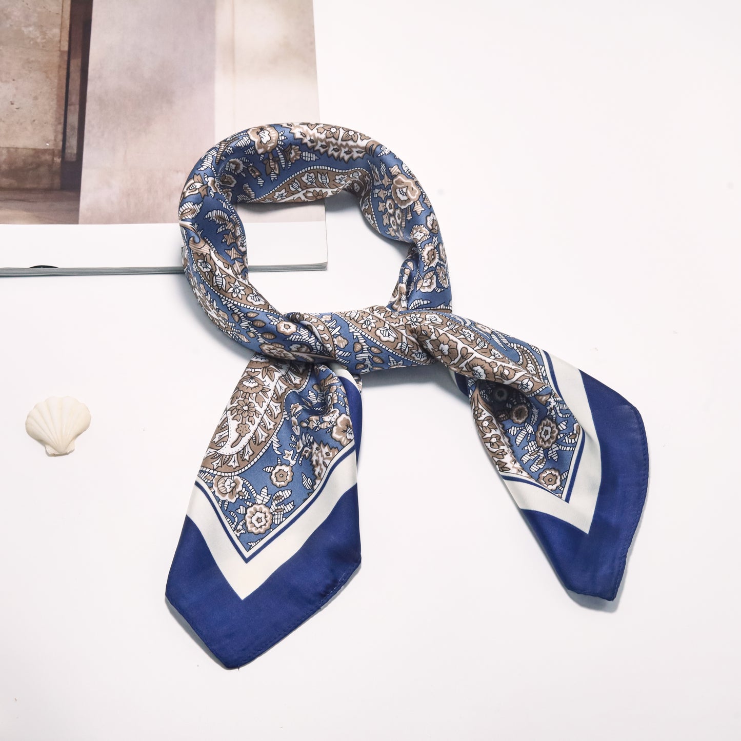 Scarf satin blue paisley print square 70 x 70 cm