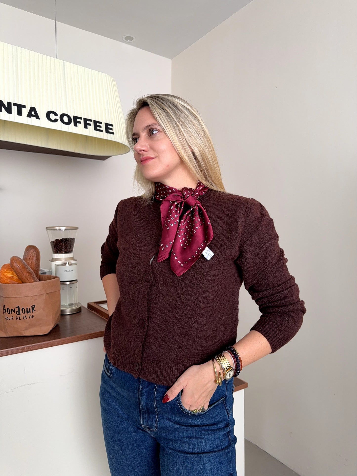 Scarf satin  burgundy  print  square 70 x 70 cm