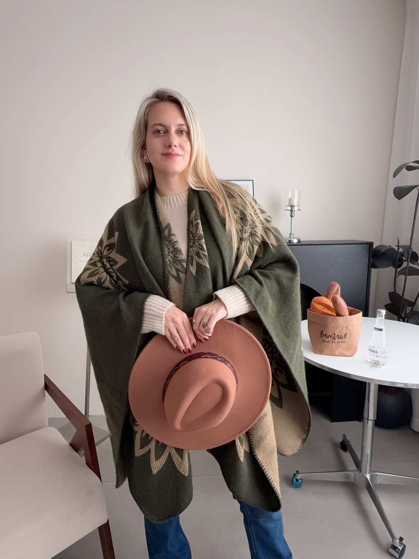 Winter Poncho green flower print