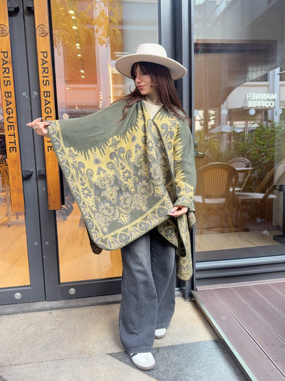 Winter Poncho  green and yellow