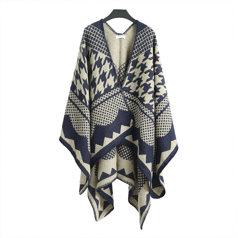 Winter Poncho blue and beige
