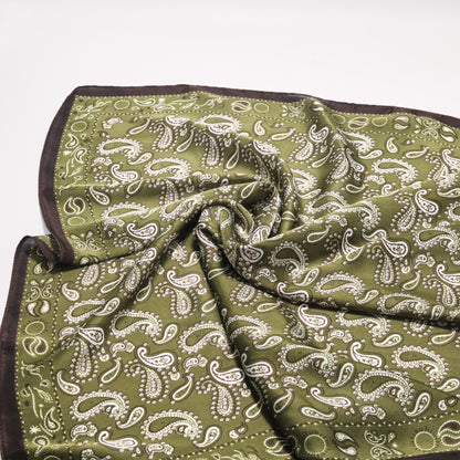 Scarf satin olive green print square 70 x 70 cm