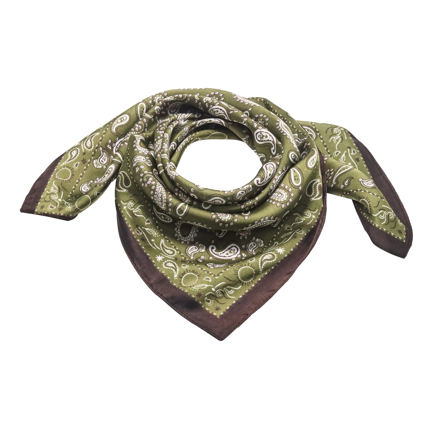 Scarf satin olive green print square 70 x 70 cm