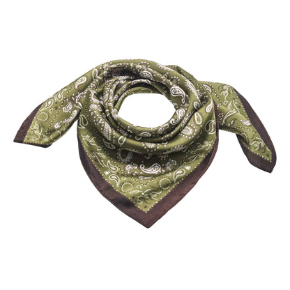 Scarf satin olive green print square 70 x 70 cm