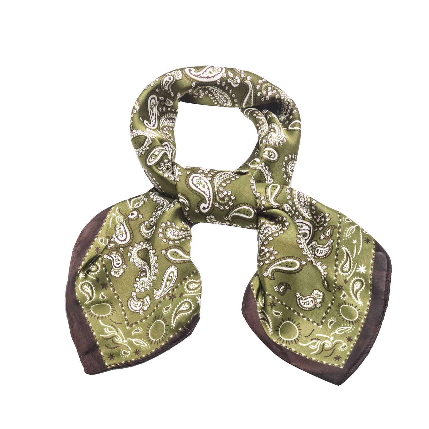 Scarf satin olive green print square 70 x 70 cm