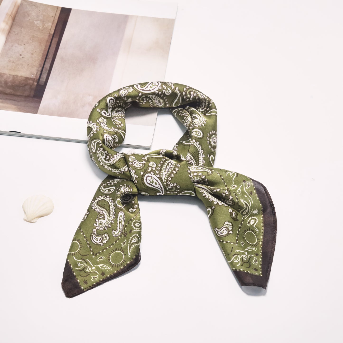 Scarf satin olive green print square 70 x 70 cm