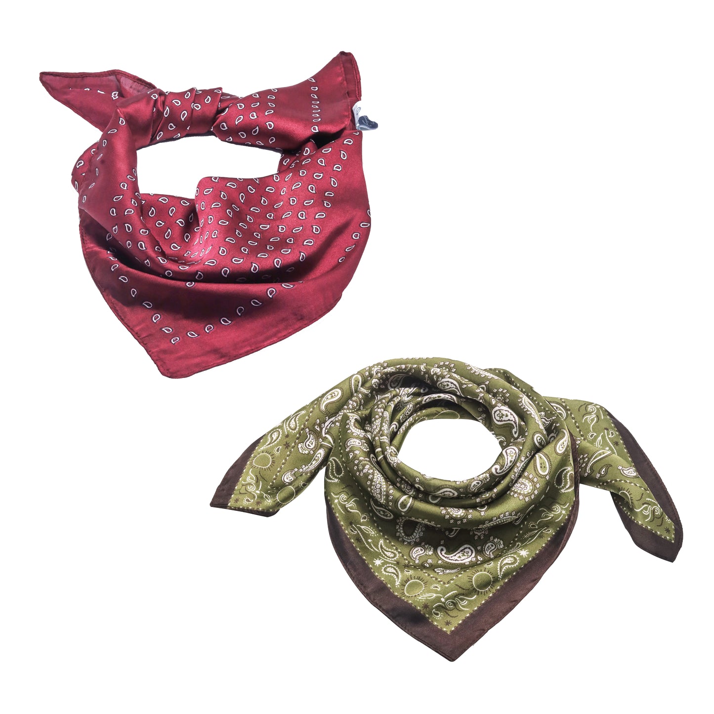 Scarf satin olive green print square 70 x 70 cm