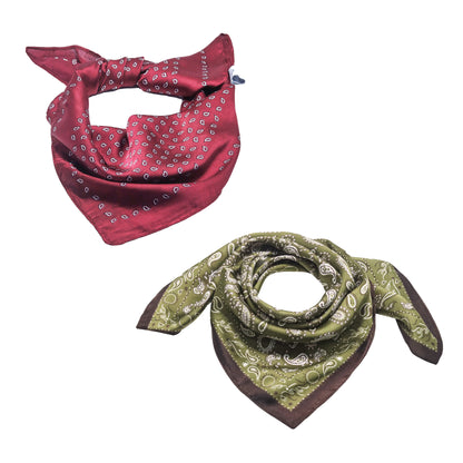 Scarf satin olive green print square 70 x 70 cm