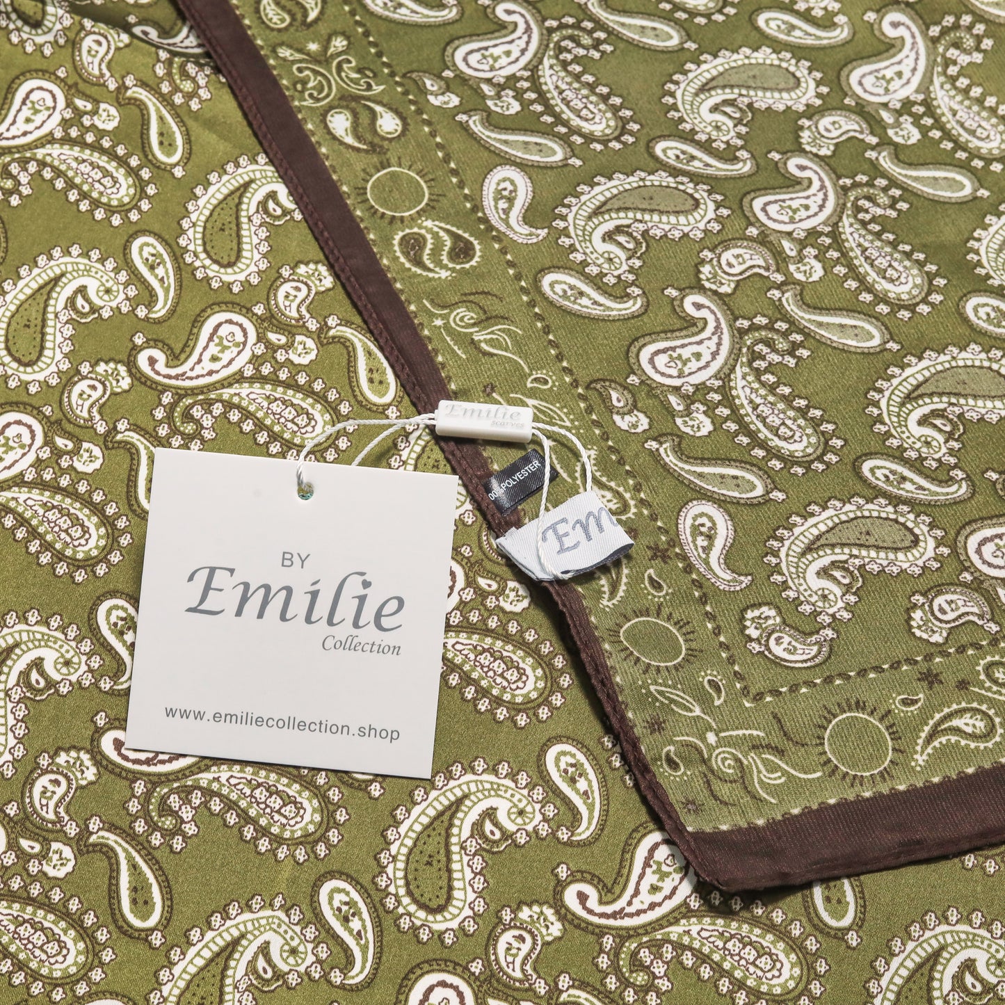 Scarf satin olive green print square 70 x 70 cm