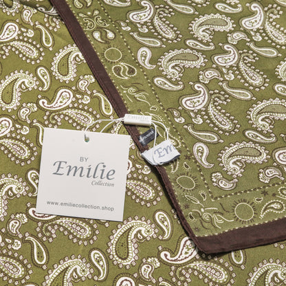 Scarf satin olive green print square 70 x 70 cm