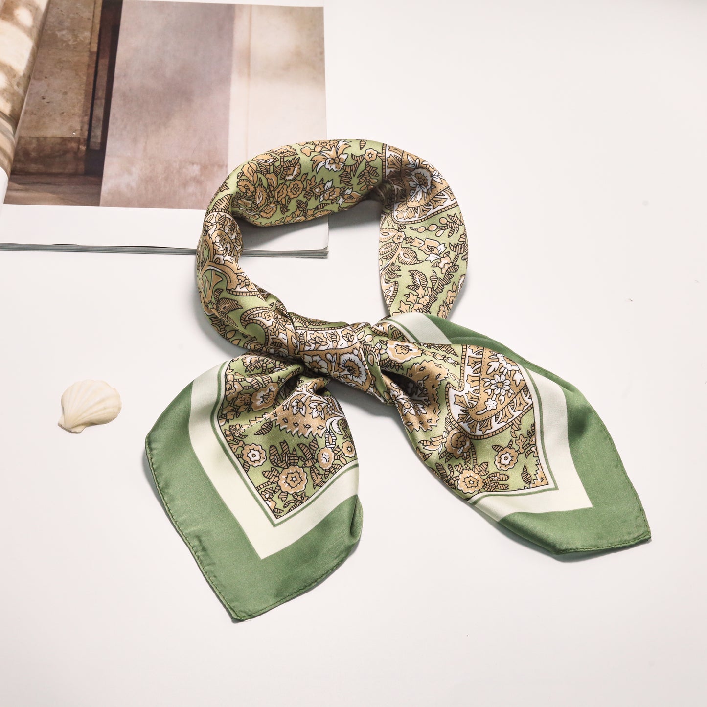 Scarf satin olive green paisley print square 70 x 70 cm