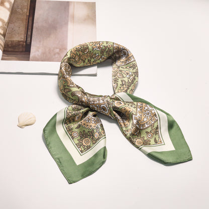 Scarf satin olive green paisley print square 70 x 70 cm