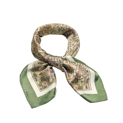 Scarf satin olive green paisley print square 70 x 70 cm