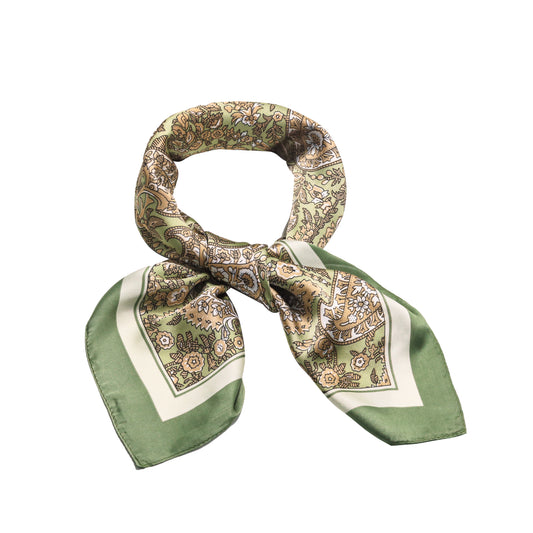 Scarf satin olive green paisley print square 70 x 70 cm