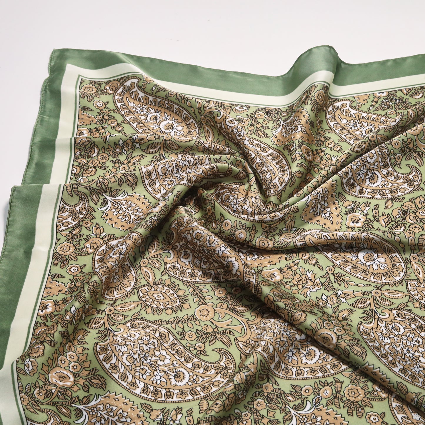 Scarf satin olive green paisley print square 70 x 70 cm