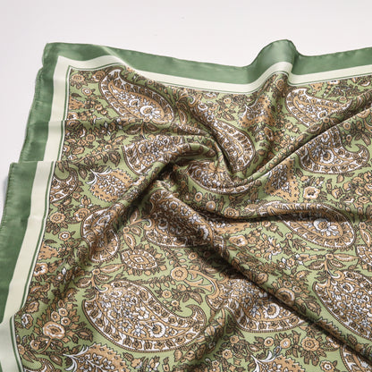 Scarf satin olive green paisley print square 70 x 70 cm