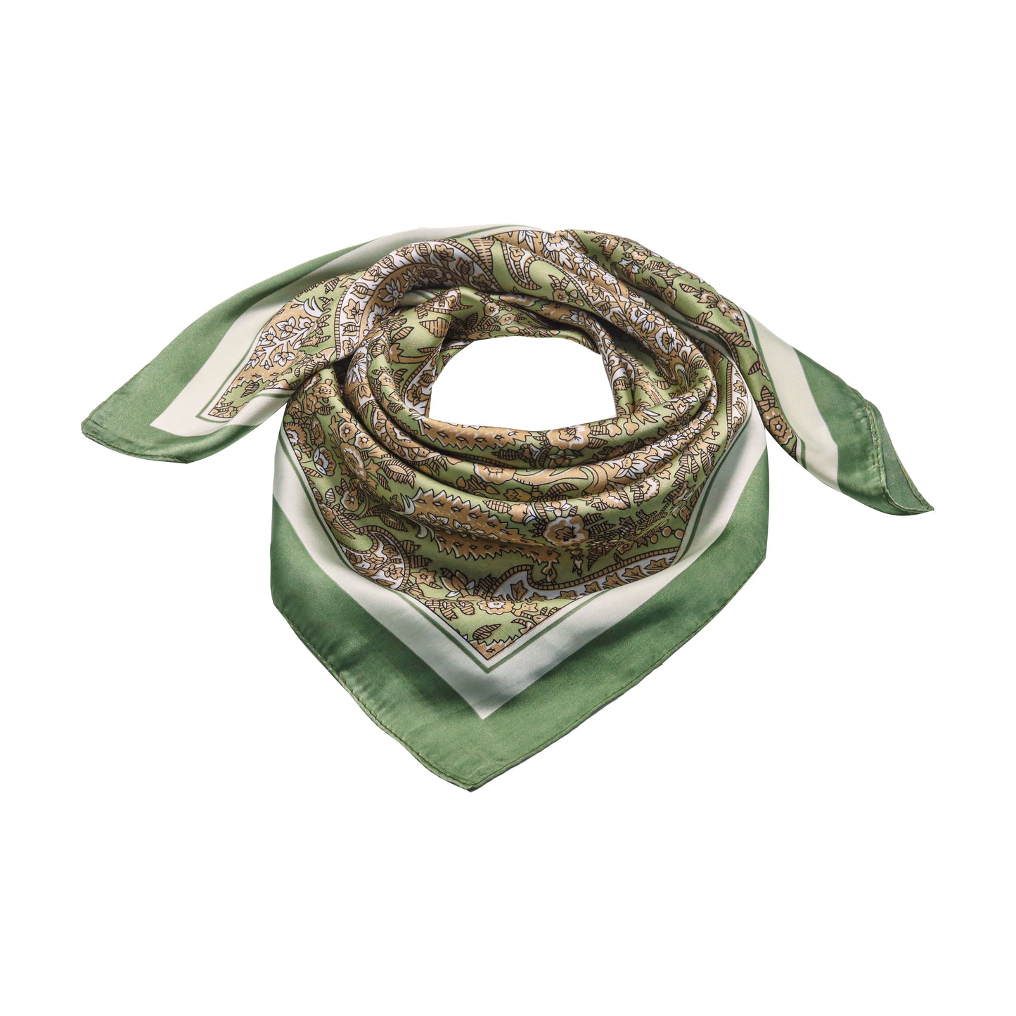 Scarf satin olive green paisley print square 70 x 70 cm