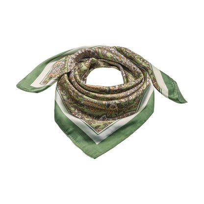 Scarf satin olive green paisley print square 70 x 70 cm