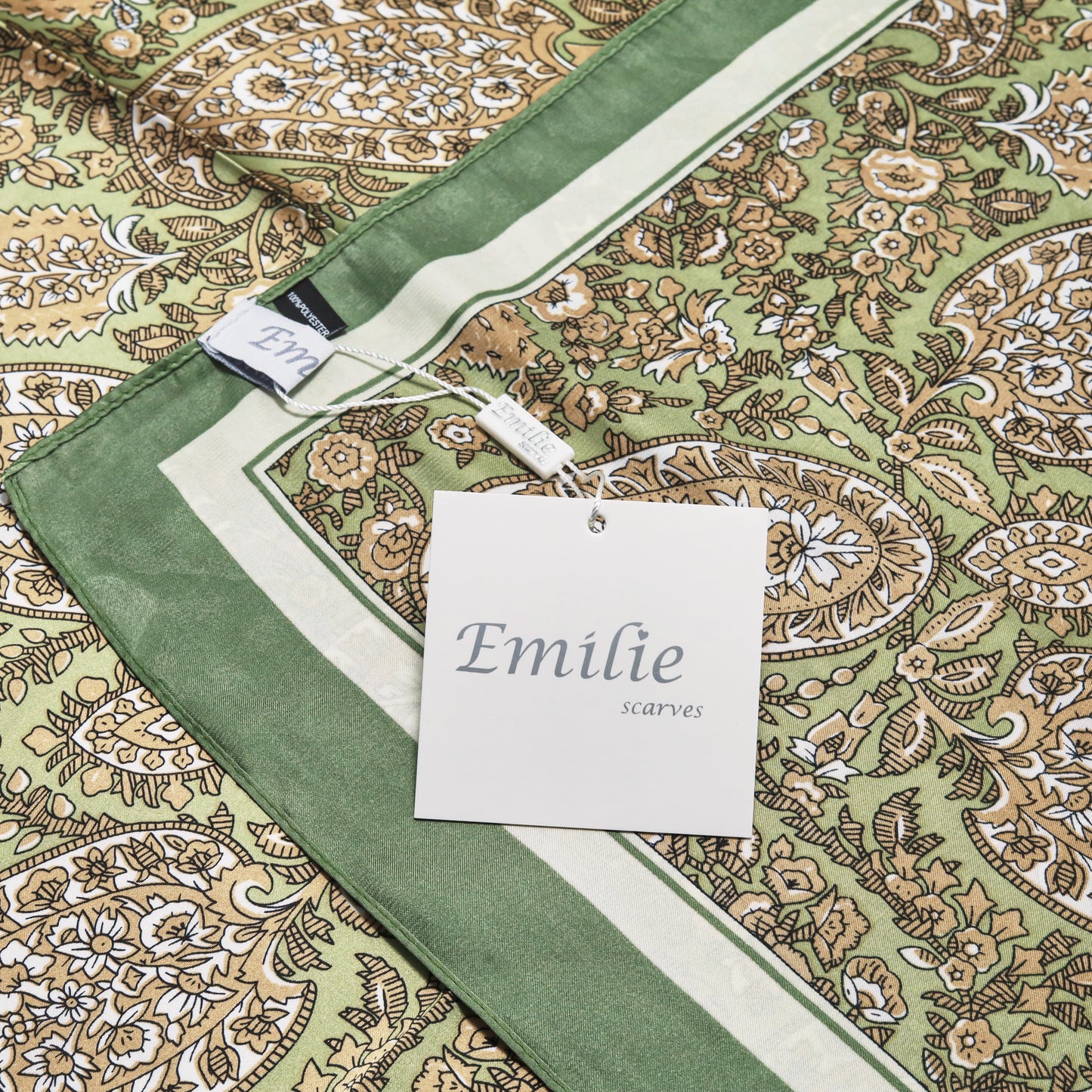 Scarf satin olive green paisley print square 70 x 70 cm