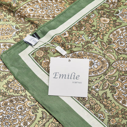 Scarf satin olive green paisley print square 70 x 70 cm