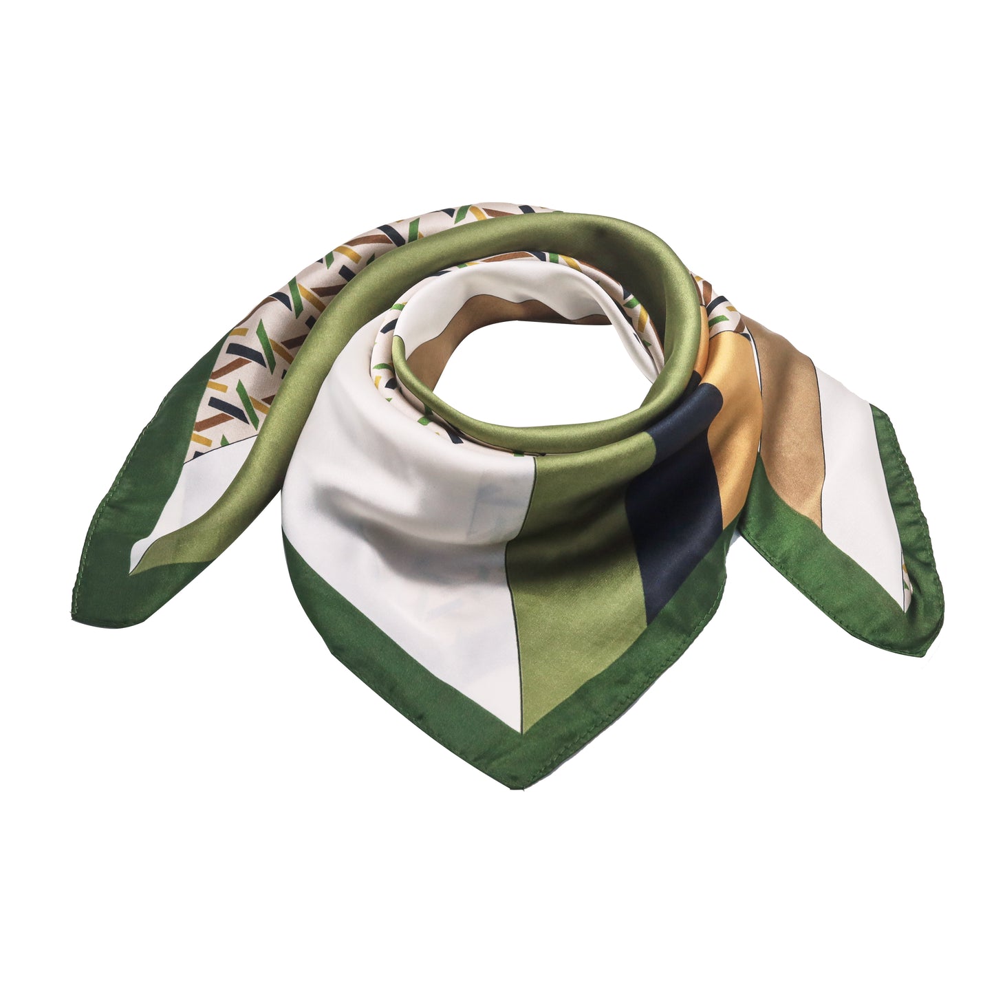 Scarf satin olive green print square 70 x 70 cm