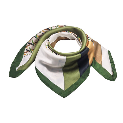 Scarf satin olive green print square 70 x 70 cm
