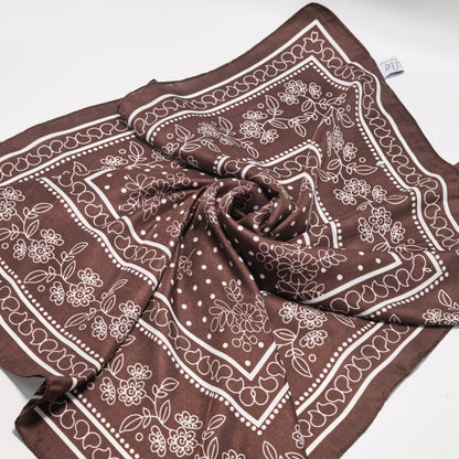Scarf satin brown print square 70 x 70 cm